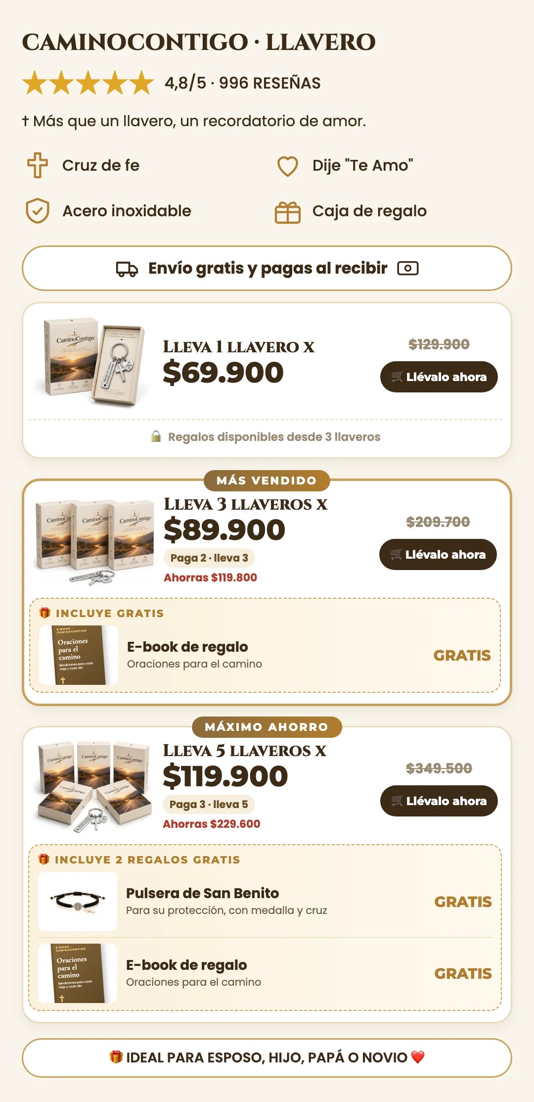 Elige tu kit CaminoContigo: 1, 3 o 5 llaveros con regalos