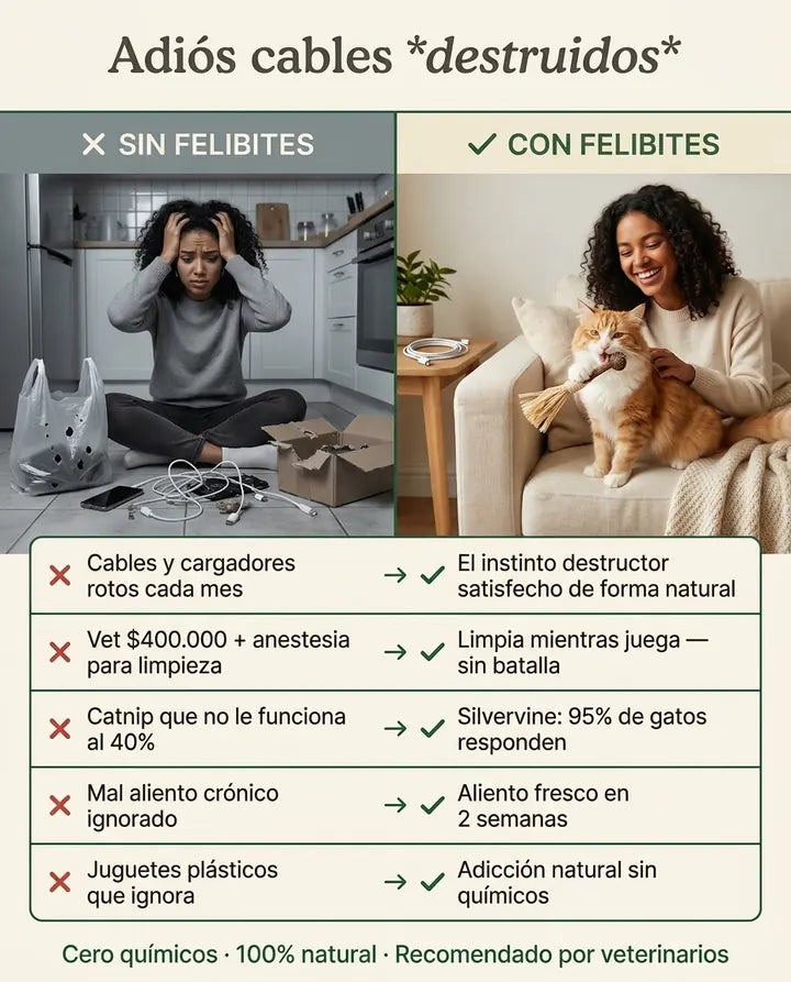 Adiós cables destruidos — comparativa SIN vs CON FeliBites