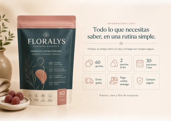 Floralys — Información clave: 60 gomitas, 2 al día, 1 mes de rutina