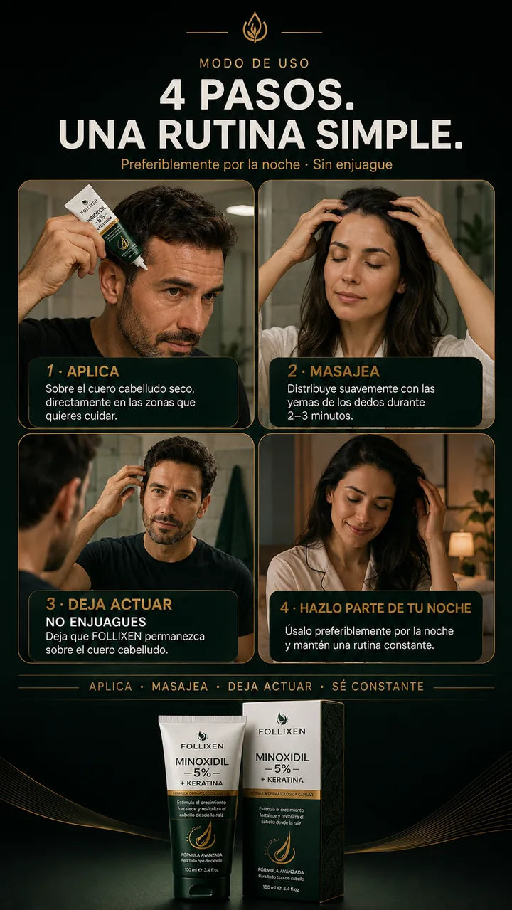 Follixen — 4 pasos, una rutina simple (modo de uso)
