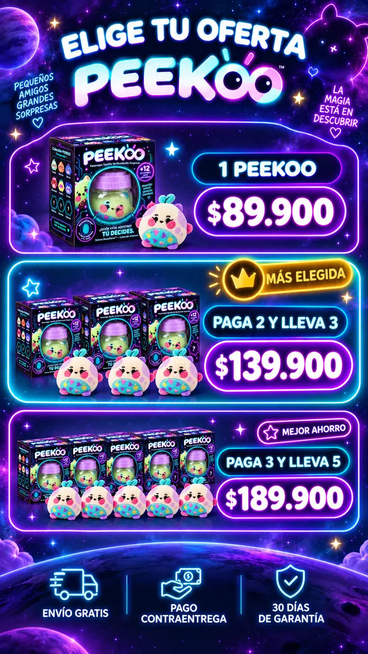 Elige tu oferta PEEKOO — 1 $89.900 · Paga 2 Lleva 3 $139.900 · Paga 3 Lleva 5 $189.900