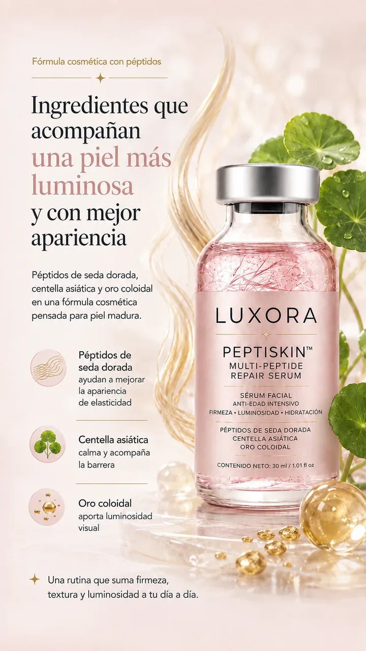 Ingredientes: péptidos de seda dorada, centella asiática, oro coloidal