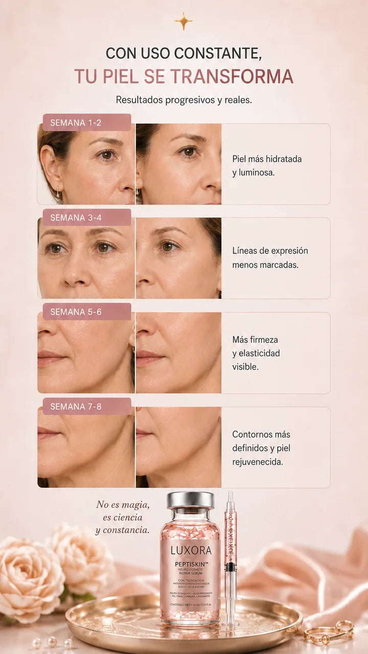 Con uso constante tu piel se transforma — timeline semana 1-8