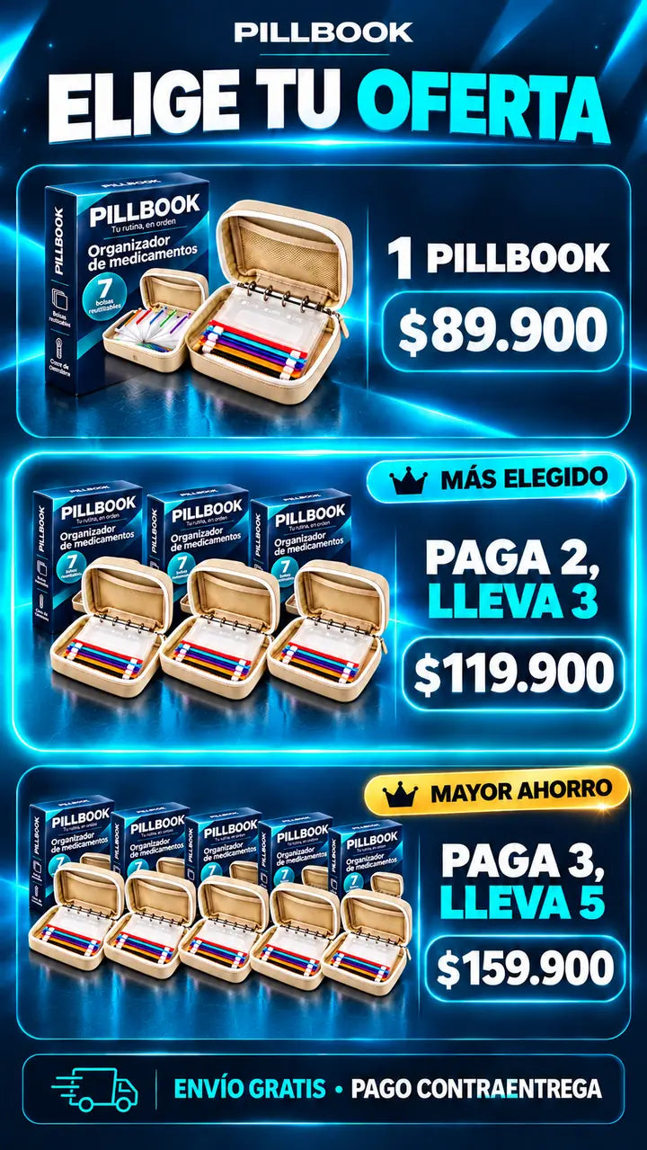 Elige tu oferta PILLBOOK — 1 $89.900 · Paga 2 Lleva 3 $119.900 · Paga 3 Lleva 5 $159.900