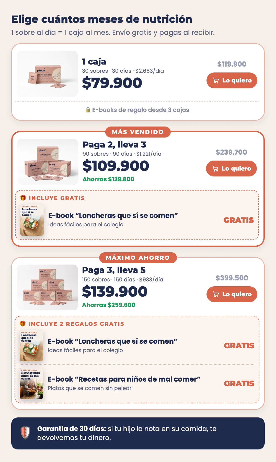 Elige cuántos meses de nutrición: 1, 3 o 5 cajas