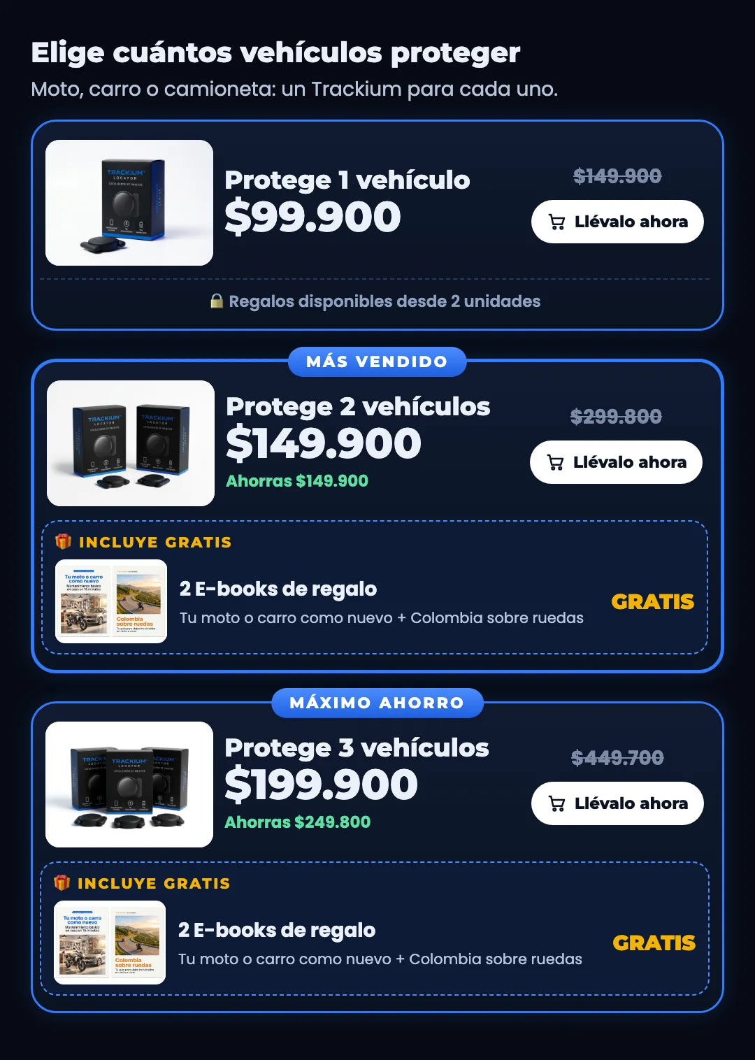 Elige cuántos vehículos proteger: 1, 2 o 3