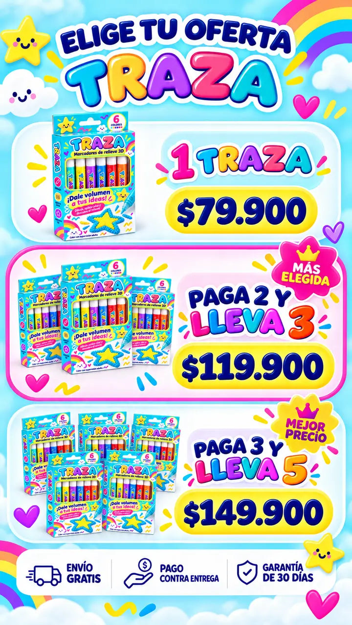 Elige tu oferta TRAZA — 1 $79.900 · Paga 2 Lleva 3 $119.900 · Paga 3 Lleva 5 $149.900